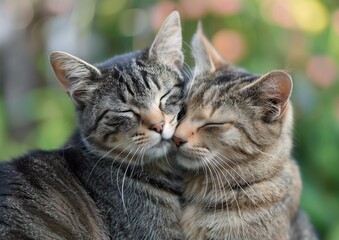 Two Adorable Tabby Cats Cuddling and Nuzzling Affectionately in a Garden