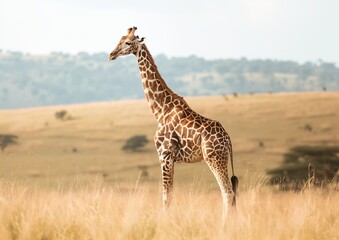 Majestic Giraffe Standing in African Savannah Grassland Scenery