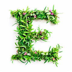 Obraz premium Green organic grass with tiny flowers made letter E on white clean background. Environment concept. Generative AI