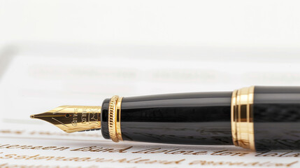 image of a luxurious pen lying on a signed contract, focusing on the pen tip, against a white background to denote successful negotiations and deals in business