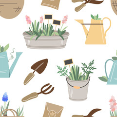Garden tools and accessories. Gardening flat seamless pattern.  Bucket, tin pot, plants, shovel, pitchfork, watering can, wooden signs. Vector illustrations.