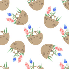 Hyacinth and lavender flowers in canvas bag. Flat vector seamless pattern. Illustration of garden elements.