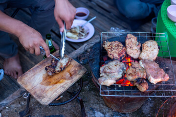selective focus grilled pork on a charcoal grill