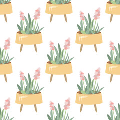 Outdoor pot with pink hyacinth flowers, gardening. Vector seamless pattern of garden elements. Flat style.