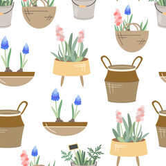 Garden accessories. Gardening flat seamless pattern. Pink hyacinth, lavender, plants, flower pot, rattan or canvas planter, canvas bag. Vector illustrations.
