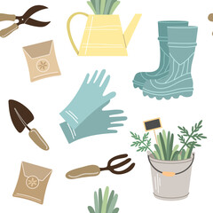 Garden tools and accessories. Gardening flat seamless pattern.  Watering can, bucket, boots, gloves, plants, shovel, pitchfork, garden shears. Vector illustrations isolated.