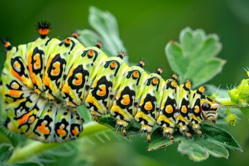 Naklejka premium Caterpillar of the Machaon crawling on green leaves, close-up. Beautiful simple AI generated image in 4K, unique.