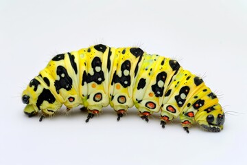 Fototapeta premium Caterpillar of the Machaon crawling on green leaves, close-up. Beautiful simple AI generated image in 4K, unique.