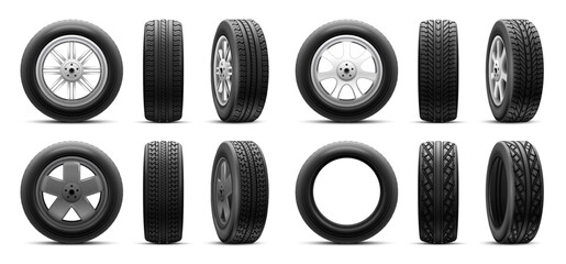 Realistic tires. 3d tires winter or summer car wheels, rubber tire with alloy disk isolated new tyre render automotive service consumer ads, truck wheel nowaday vector illustration