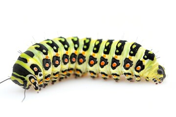 Fototapeta premium Caterpillar of the Machaon crawling on green leaves, close-up. Beautiful simple AI generated image in 4K, unique.