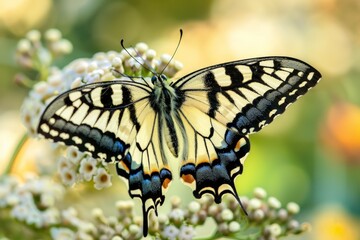 Fototapeta premium Caterpillar of the Machaon crawling on green leaves, close-up. Beautiful simple AI generated image in 4K, unique.