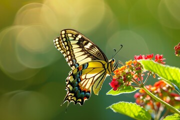 Fototapeta premium Caterpillar of the Machaon crawling on green leaves, close-up. Beautiful simple AI generated image in 4K, unique.