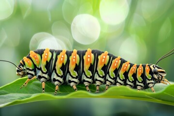 Naklejka premium Close-up from two Mullein moth caterpillar - Cucullia verbasci picture taken in Netherlands June 2020 . Beautiful simple AI generated image in 4K, unique.