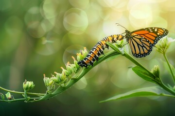Naklejka premium Caterpillar of the Machaon crawling on green leaves, close-up. Beautiful simple AI generated image in 4K, unique.