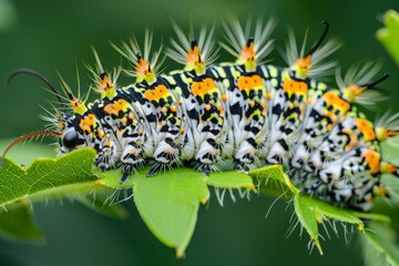 Obraz premium Caterpillar of the Machaon crawling on green leaves, close-up. Beautiful simple AI generated image in 4K, unique.
