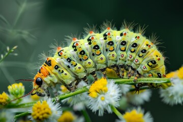 Caterpillar of the Machaon crawling on green leaves, close-up. Beautiful simple AI generated image in 4K, unique.