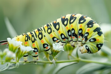 Naklejka premium Caterpillar of the Machaon crawling on green leaves, close-up. Beautiful simple AI generated image in 4K, unique.