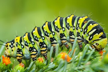 Fototapeta premium Caterpillar of the Machaon crawling on green leaves, close-up. Beautiful simple AI generated image in 4K, unique.