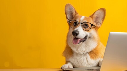 Corgi Wearing Glasses by Laptop