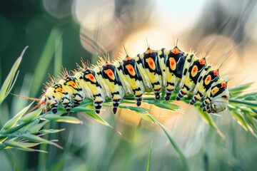 Swallowtail butterfly caterpillar lateral view - Papilio machaon. Beautiful simple AI generated image in 4K, unique. - obrazy, fototapety, plakaty