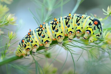 Fototapeta premium Caterpillar of the Machaon crawling on green leaves, close-up. Beautiful simple AI generated image in 4K, unique.