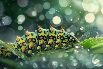 Caterpillar of the Machaon crawling on green leaves, close-up. Beautiful simple AI generated image in 4K, unique.