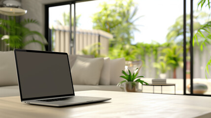 Fototapeta premium Laptop on work desk with blurred contemporary living room background