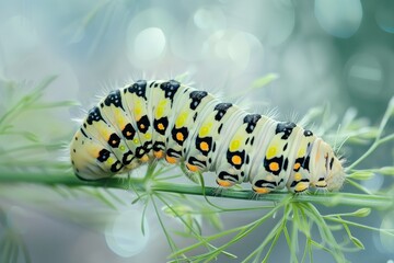 Fototapeta premium Green caterpillar on stem carrots - Papilio machaon. Beautiful simple AI generated image in 4K, unique.