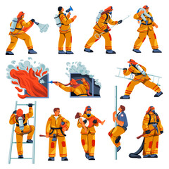 Firefighter characters. Firefighters people in firemen uniform with rescue equipment, professional fireman occupation fire fighter emergency department, recent vector illustration
