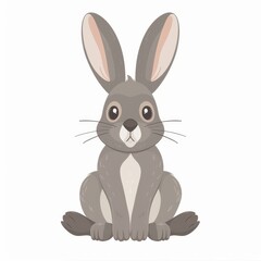 Fototapeta premium A gray rabbit sits on the ground, eyes wide open, ears erect, against a pristine white backdrop