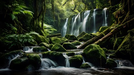 Panorama of beautiful waterfall in tropical rainforest with green mossy rocks - Powered by Adobe