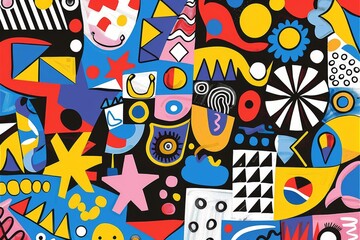 Obraz premium A front cover for a colouring book for toddlers called Shape and Pattern Playground, full of different shapes with various patterns within the shapes