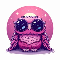 Obraz premium A pink owl with large eyes sits before a rosy circle, adorned with stars and graced by a full moon