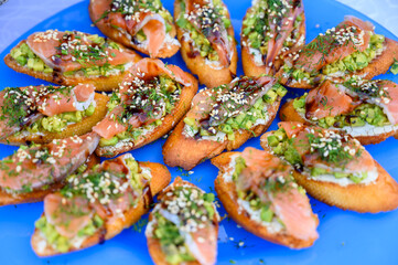 Vegetable, meat, fruit snacks on the table