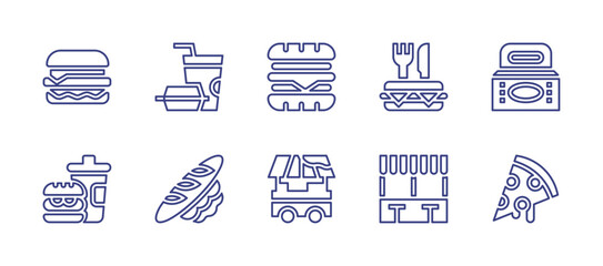 Fast food line icon set. Editable stroke. Vector illustration. Containing burger, fast food, street food, food, food stand, pizza slice, bread, take away.