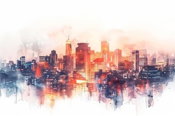 A small watercolor of a bustling cityscape at dusk, glowing lights under twilight isolated concept minimal with white background