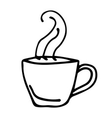 Ceramic cup, hot drink with steam, coffee, tea. Hand-drawn simple drawing in black outline. Ink sketch.