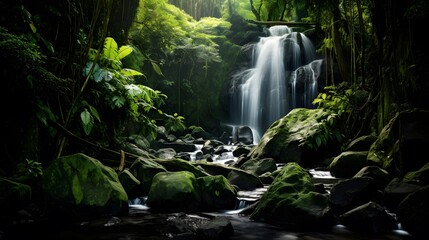 Tropical waterfall in rainforest. Panoramic view of beautiful waterfall in jungle.