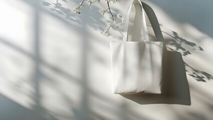 White Cotton Eco Tote Bag Mockup Displayed on a Wall. Concept Product Mockup, Tote Bag, Eco-Friendly, White, Wall Display