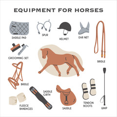 Equipment for horses infographic educational card. Horse Riding Tack and Gear Icons in Trendy Modern Style. Equine Sports Hand Drawn Illustrations. Equestrian Square Poster. Equine sports tack. 
