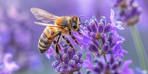 Bee and Lavender: Intimate Pollination Moment - Close-Up of Honeybee on Flower, Nature Detail, Macro Photography, Purple Bloom