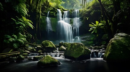 Panorama of a waterfall in a tropical rainforest, long exposure