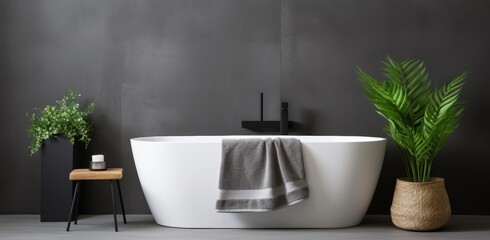 This stylish gray bathroom interior exudes modern elegance with its concrete floor, dark gray wall, spacious bathtub, and sleek white sink complemented.