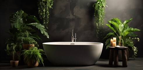 This stylish gray bathroom interior exudes modern elegance with its concrete floor, dark gray wall, spacious bathtub, and sleek white sink complemented.