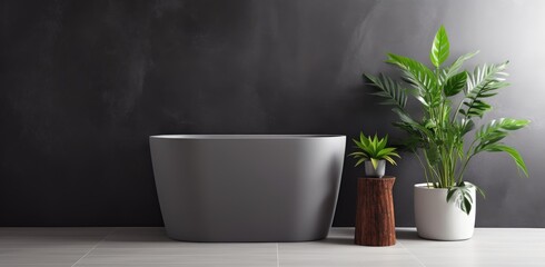 This stylish gray bathroom interior exudes modern elegance with its concrete floor, dark gray wall, spacious bathtub, and sleek white sink complemented.