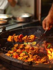Chef Skewers Marinated Chicken Tikka in a Glowing Tandoor Oven for Traditional Indian Cuisine