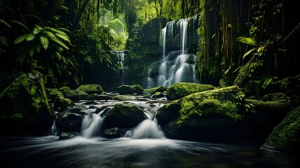 Panorama of a waterfall in a deep tropical rainforest, long exposure