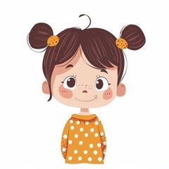   A little girl in a polka dot dress, her hair styled in two buns, each adorned with a polka dot ribbon