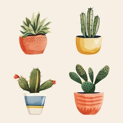 Assorted Cacti in Colorful Plant Pots on Neutral Background