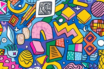 A front cover for a colouring book for toddlers called Shape and Pattern Playground, full of different shapes with various patterns within the shapes